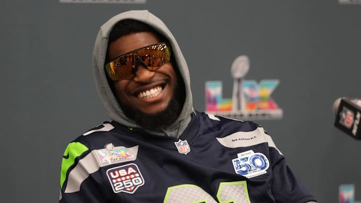 Feb 5, 2026; San Jose, CA, USA; Seattle Seahawks cornerback Devon Witherspoon (21) talks to media members at the San Jose Marriott. Mandatory Credit: Darren Yamashita-Imagn Images
