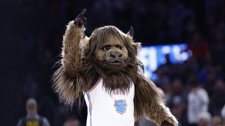 Nov 22, 2023; Oklahoma City, Oklahoma, USA; Oklahoma City Thunder mascot Rumble the Bison gestures during a time out against the Chicago Bulls during the second half at Paycom Center. Mandatory Credit: Alonzo Adams-USA TODAY Sports Nov 22, 2023; Oklahoma City, Oklahoma, USA; Oklahoma City Thunder mascot Rumble the Bison gestures during a time out against the Chicago Bulls during the second half at Paycom Center. Mandatory Credit: Alonzo Adams-USA TODAY Sports