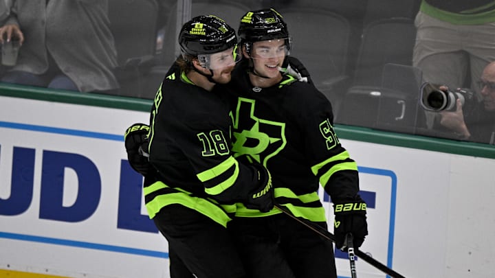Apr 3, 2025; Dallas, Texas, USA; Dallas Stars center Wyatt Johnston (53) and center Sam Steel (18) celebrates a goal scored by Johnston against the Nashville Predators during the third period at the American Airlines Center. Mandatory Credit: Jerome Miron-Imagn Images