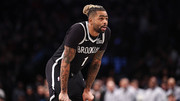 Jan 4, 2025; Brooklyn, New York, USA; Brooklyn Nets guard D'Angelo Russell (1) looks on during the first half against the Philadelphia 76ers at Barclays Center. Mandatory Credit: Vincent Carchietta-Imagn Images