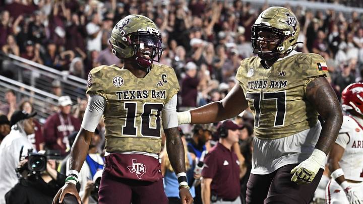 Oct 3, 2026; College Station, Texas, USA; Texas A&M Aggies quarterback Marcel Reed (10) celebrates after scoreing a touchdown during the second quarter against the Arkansas Razorbacks at Kyle Field. Mandatory Credit: Maria Lysaker-Imagn Images Oct 3, 2026; College Station, Texas, USA; Texas A&M Aggies quarterback Marcel Reed (10) celebrates after scoreing a touchdown during the second quarter against the Arkansas Razorbacks at Kyle Field. Mandatory Credit: Maria Lysaker-Imagn Images