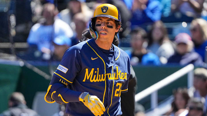 Apr 5, 2026; Kansas City, Missouri, USA; Milwaukee Brewers designated hitter Christian Yelich (22) reacts after striking out against the Kansas City Royals during the third inning at Kauffman Stadium. Mandatory Credit: Denny Medley-Imagn Images