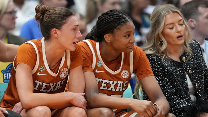 Texas Longhorns guard Shay Holle (10) and forward Madison Booker (35) during NCAA tournament against the South Carolina Gamecocks, April 4, 2025 at Amalie Arena in Tampa, Florida.