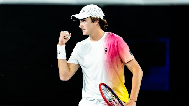 Joao Fonseca of Brazil celebrates during Round 1 of the 2025 Australian Open on January 14 2025, at Melbourne Park in Melbourne, Australia. 