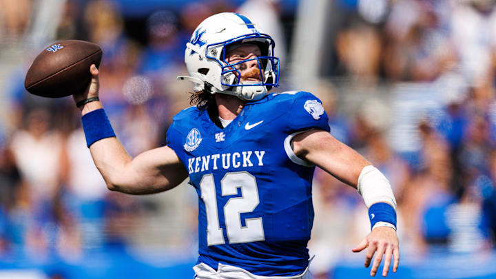 Sep 21, 2024; Lexington, Kentucky, USA; Kentucky Wildcats quarterback Brock Vandagriff (12) passes the ball during the third quarter against the Ohio Bobcats at Kroger Field. Mandatory Credit: Jordan Prather-Imagn Images
