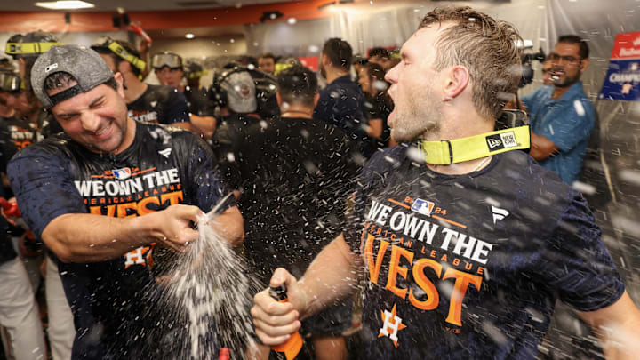 Sep 24, 2024; Houston, Texas, USA;  Houston Astros celebrate defeating the Seattle Mariners and winning the American League West at Minute Maid Park.