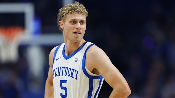 Nov 22, 2024; Lexington, Kentucky, USA; Kentucky Wildcats guard Collin Chandler (5) looks to the bench after a play during the first half against the Jackson State Tigers at Rupp Arena at Central Bank Center. Mandatory Credit: Jordan Prather-Imagn Images