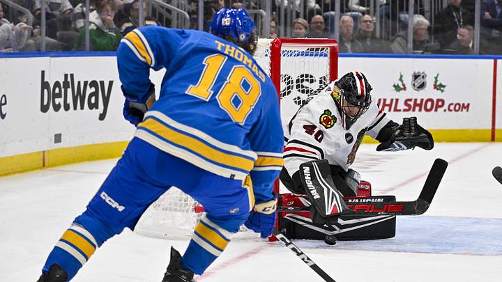 Dec 23, 2023; St. Louis, Missouri, USA;  Chicago Blackhawks goaltender Arvid Soderblom (40) defends the net against St. Louis Blues center Robert Thomas (18) during the second period at Enterprise Center. Mandatory Credit: Jeff Curry-Imagn Images