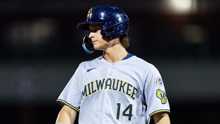 Nov 9, 2025; Mesa, AZ, USA; Milwaukee Brewers outfielder Josh Adamczewski during the Arizona Fall League Fall Stars Game at Sloan Park. Mandatory Credit: Mark J. Rebilas-Imagn Images