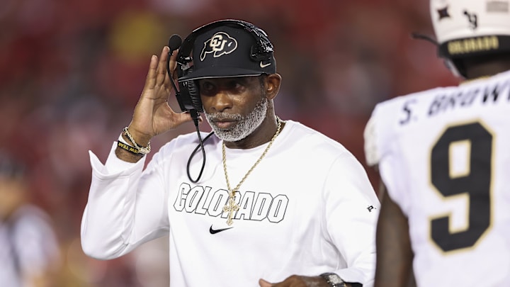 Sep 12, 2025; Houston, Texas, USA; Colorado Buffaloes head coach Deion Sanders reacts during the second quarter against the Houston Cougars at TDECU Stadium.