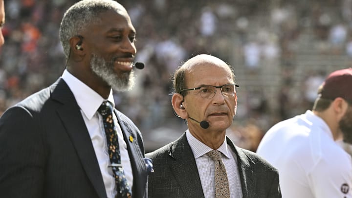 Sep 23, 2023; College Station, Texas, USA; SEC Nation Roman Harper (left) and Paul Finebaum (right) speak on the sideline during pre-game between the Texas A&M Aggies and the Auburn Tigers at Kyle Field. Mandatory Credit: Maria Lysaker-Imagn Images