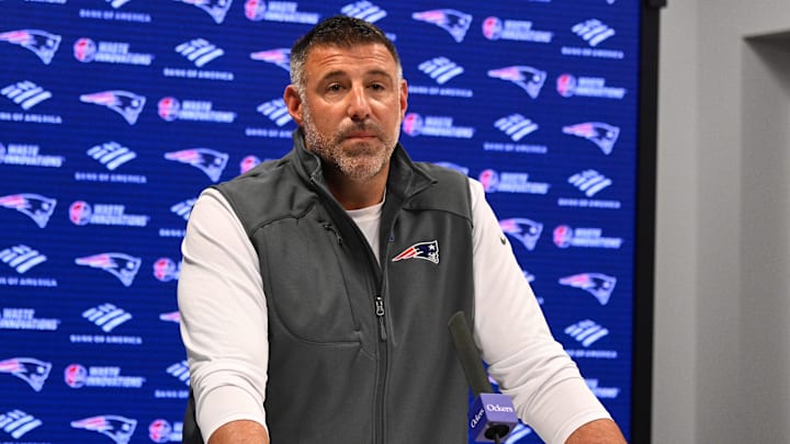 May 9, 2025; Foxborough, MA, USA;  New England Patriots head coach Mike Vrabel speaks the to media during a press conference at Gillette Stadium. Mandatory Credit: Eric Canha-Imagn Images