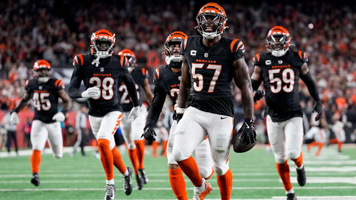 Cincinnati Bengals linebacker Germaine Pratt celebrates an interception in the fourth quarter of the NFL Week 17 game between the Cincinnati Bengals and the Denver Broncos.