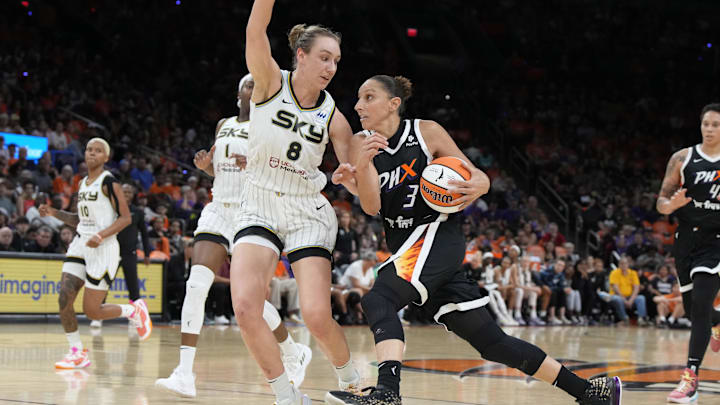 May 21, 2023; Phoenix, Arizona, USA; Phoenix Mercury guard Diana Taurasi (3) drives on Chicago Sky Alanna Smith (8) in the first half at Footprint Center. Mandatory Credit: Rick Scuteri-Imagn Images