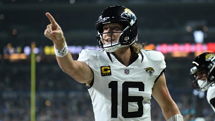 Dec 28, 2025; Indianapolis, Indiana, USA; Jacksonville Jaguars quarterback Trevor Lawrence (16) celebrates after a touchdown against the Indianapolis Colts during the first half at Lucas Oil Stadium. Mandatory Credit: Robert Goddin-Imagn Images Dec 28, 2025; Indianapolis, Indiana, USA; Jacksonville Jaguars quarterback Trevor Lawrence (16) celebrates after a touchdown against the Indianapolis Colts during the first half at Lucas Oil Stadium. Mandatory Credit: Robert Goddin-Imagn Images