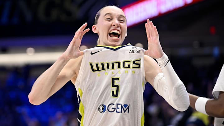 Sep 11, 2025; Arlington, Texas, USA; Dallas Wings guard Paige Bueckers (5) celebrates after the game against the Phoenix Mercury at College Park Center. Mandatory Credit: Jerome Miron-Imagn Images