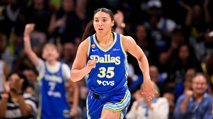 May 28, 2026; Arlington, Texas, USA; Dallas Wings guard Azzi Fudd (35) in action during the game between the Wings and the Aces at College Park Center. Mandatory Credit: Jerome Miron-Imagn Images