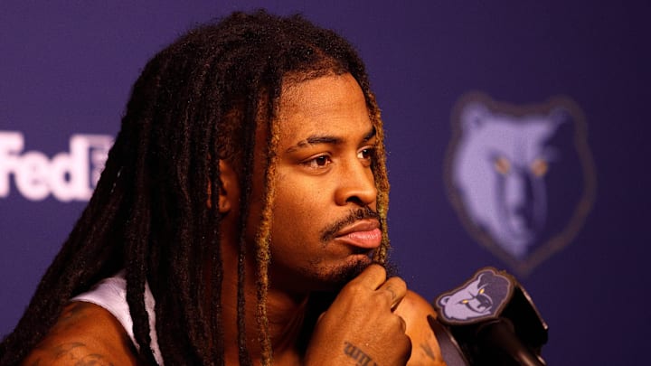 Sep 29, 2025; Memphis, TN, USA; Memphis Grizzlies guard Ja Morant speaks to media during a press conference on media day at FedEx. Forum. Mandatory Credit: Petre Thomas-Imagn Images Sep 29, 2025; Memphis, TN, USA; Memphis Grizzlies guard Ja Morant speaks to media during a press conference on media day at FedEx. Forum. Mandatory Credit: Petre Thomas-Imagn Images