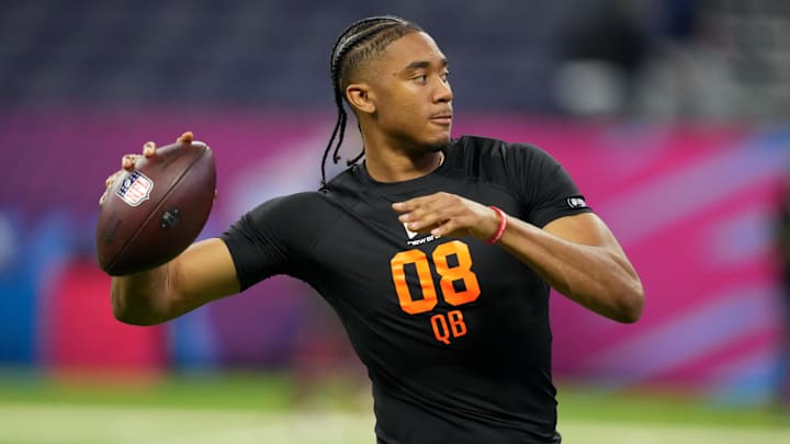 Feb 28, 2026; Indianapolis, IN, USA; Arkansas quarterback Taylen Green (QB08) during the NFL Scouting Combine at Lucas Oil Stadium. Mandatory Credit: Kirby Lee-Imagn Images Feb 28, 2026; Indianapolis, IN, USA; Arkansas quarterback Taylen Green (QB08) during the NFL Scouting Combine at Lucas Oil Stadium. Mandatory Credit: Kirby Lee-Imagn Images
