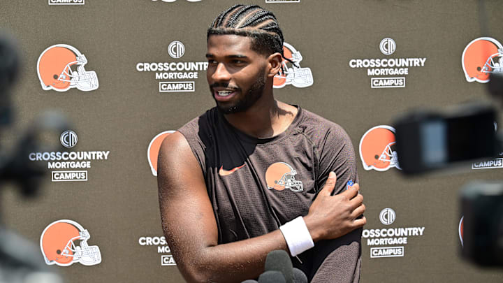 Jun 10, 2025; Berea, OH, USA; Cleveland Browns quarterback Shedeur Sanders (12) talks to the media during minicamp at CrossCountry Mortgage Campus. Mandatory Credit: Ken Blaze-Imagn Images