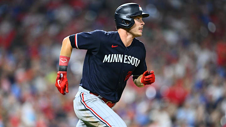 Aug 12, 2023; Philadelphia, Pennsylvania, USA; Minnesota Twins outfielder Max Kepler (26) advances toward first after hitting a double against the Philadelphia Phillies in the seventh inning at Citizens Bank Park. Aug 12, 2023; Philadelphia, Pennsylvania, USA; Minnesota Twins outfielder Max Kepler (26) advances toward first after hitting a double against the Philadelphia Phillies in the seventh inning at Citizens Bank Park.