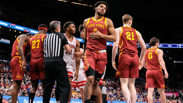 Mar 13, 2026; Kansas City, MO, USA; Iowa State Cyclones forward Joshua Jefferson (5) after a play during the first half against the Arizona Wildcats at T-Mobile Center. 