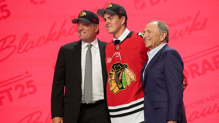Jun 27, 2025; Los Angeles, California, USA; Anton Frondell is selected as the third overall pick to the Chicago Blackhawks in the first round of the 2025 NHL Draft at Peacock Theater. Mandatory Credit: Kirby Lee-Imagn Images