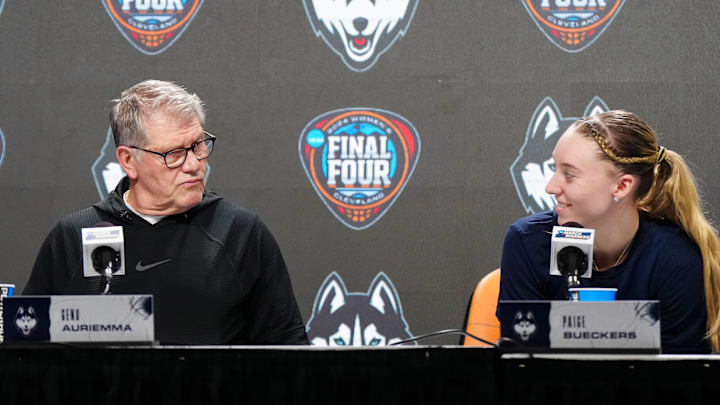 Apr 4, 2024; Cleveland, OH, USA; UConn Huskies coach Geno Auriemma (left) and guard Paige Bueckers during press conference at Rocket Mortgage FieldHouse. Mandatory Credit: Kirby Lee-Imagn Images Apr 4, 2024; Cleveland, OH, USA; UConn Huskies coach Geno Auriemma (left) and guard Paige Bueckers during press conference at Rocket Mortgage FieldHouse. Mandatory Credit: Kirby Lee-Imagn Images