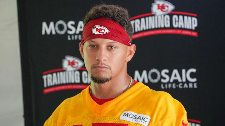 Jul 22, 2025; St. Joseph, MO, USA; Kansas City Chiefs quarterback Patrick Mahomes (15) speaks to media after training camp at Missouri Western State University. Mandatory Credit: Denny Medley-Imagn Images
