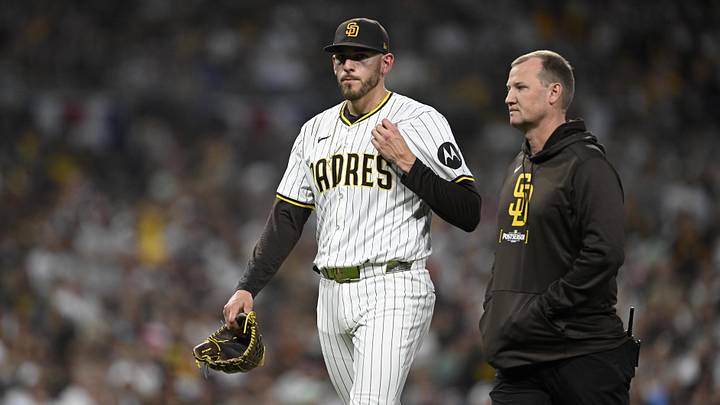 Oct 2, 2024; San Diego, California, USA; San Diego Padres pitcher Joe Musgrove (44) leaves the game during the fourth inning of game two in the Wildcard round for the 2024 MLB Playoffs against the Atlanta Braves at Petco Park. Mandatory Credit: Denis Poroy-Imagn Images Oct 2, 2024; San Diego, California, USA; San Diego Padres pitcher Joe Musgrove (44) leaves the game during the fourth inning of game two in the Wildcard round for the 2024 MLB Playoffs against the Atlanta Braves at Petco Park. Mandatory Credit: Denis Poroy-Imagn Images