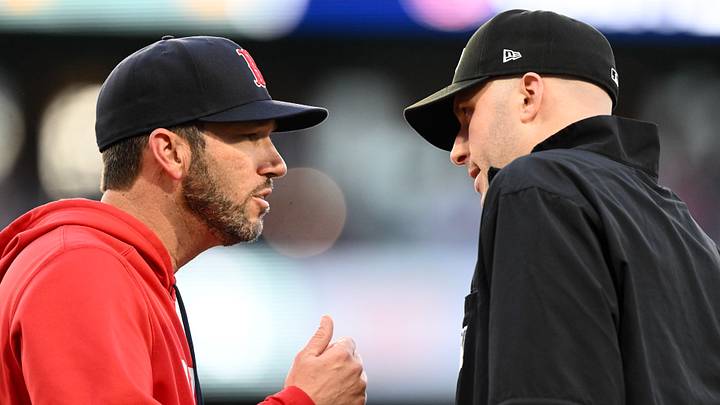 Jun 29, 2026; Boston, Massachusetts, USA; Boston Red Sox interim manager Chad Tracy (17) argues wit umpire Nic Lentz after the ejection of first baseman Willson Contreras (not seen) during the second inning of a game against the Washington Nationals at Fenway Park. Mandatory Credit: Brian Fluharty-Imagn Images Jun 29, 2026; Boston, Massachusetts, USA; Boston Red Sox interim manager Chad Tracy (17) argues wit umpire Nic Lentz after the ejection of first baseman Willson Contreras (not seen) during the second inning of a game against the Washington Nationals at Fenway Park. Mandatory Credit: Brian Fluharty-Imagn Images