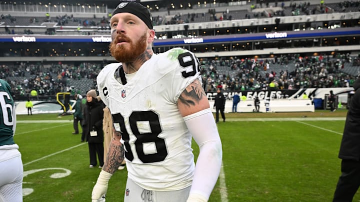 Dec 14, 2025; Philadelphia, Pennsylvania, USA; Las Vegas Raiders defensive end Maxx Crosby (98) on the field after loss to the Philadelphia Eagles at Lincoln Financial Field. Dec 14, 2025; Philadelphia, Pennsylvania, USA; Las Vegas Raiders defensive end Maxx Crosby (98) on the field after loss to the Philadelphia Eagles at Lincoln Financial Field.