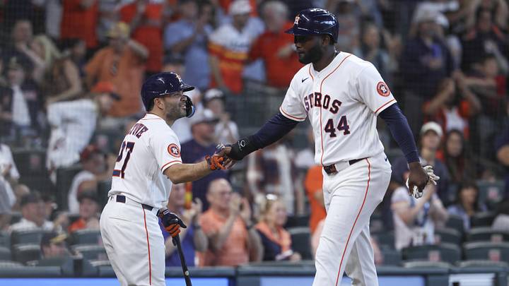 Mar 29, 2026; Houston, Texas, USA; Houston Astros left fielder Yordan Alvarez (44) celebrates with designated hitter Jose Altuve (27) after scoring during the eighth inning against the Los Angeles Angels at Daikin Park. Mandatory Credit: Troy Taormina-Imagn Images Mar 29, 2026; Houston, Texas, USA; Houston Astros left fielder Yordan Alvarez (44) celebrates with designated hitter Jose Altuve (27) after scoring during the eighth inning against the Los Angeles Angels at Daikin Park. Mandatory Credit: Troy Taormina-Imagn Images