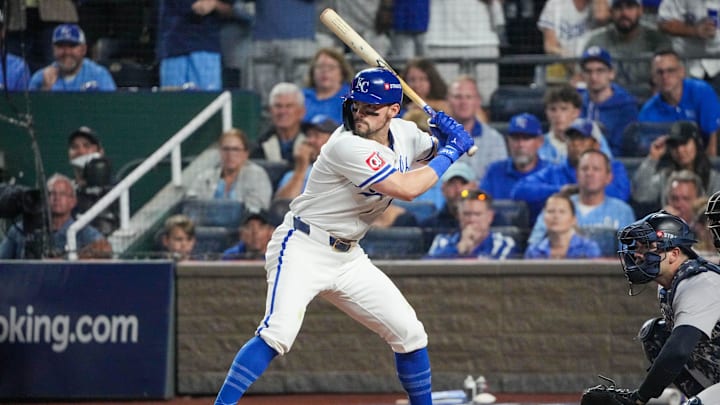 Oct 10, 2024; Kansas City, Missouri, USA; Kansas City Royals second baseman Michael Massey (19) at bat against the New York Yankees during game four of the NLDS for the 2024 MLB Playoffs at Kauffman Stadium. Mandatory Credit: Denny Medley-Imagn Images Oct 10, 2024; Kansas City, Missouri, USA; Kansas City Royals second baseman Michael Massey (19) at bat against the New York Yankees during game four of the NLDS for the 2024 MLB Playoffs at Kauffman Stadium. Mandatory Credit: Denny Medley-Imagn Images