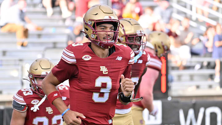 Aug 30, 2025; Chestnut Hill, Massachusetts, USA; Boston College Eagles quarterback Grayson James (3) reacts to his touchdown pass against the Fordham Rams during the second half at Alumni Stadium. Mandatory Credit: Eric Canha-Imagn Images Aug 30, 2025; Chestnut Hill, Massachusetts, USA; Boston College Eagles quarterback Grayson James (3) reacts to his touchdown pass against the Fordham Rams during the second half at Alumni Stadium. Mandatory Credit: Eric Canha-Imagn Images