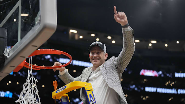 Mar 30, 2024; Los Angeles, CA, USA;  Alabama Crimson Tide head coach Nate Oats cuts the net after defeating the Clemson Tigers in the finals of the West Regional of the 2024 NCAA Tournament at Crypto.com Arena. Mandatory Credit: Kirby Lee-Imagn Images