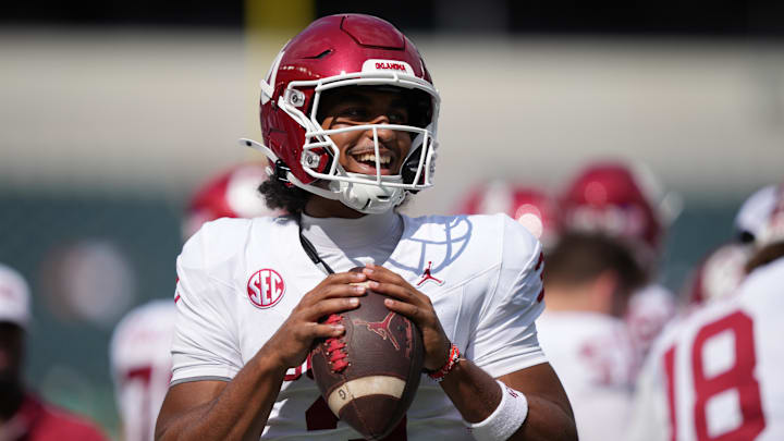 Sep 13, 2025; Philadelphia, Pennsylvania, USA; Oklahoma Sooners quarterback Michael Hawkins Jr (3) warms up against the Temple Owls in the second half at Lincoln Financial Field. Mandatory Credit: Kyle Ross-Imagn Images