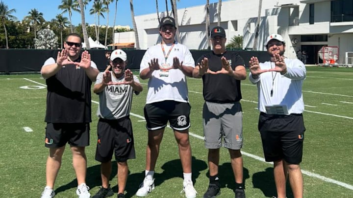 Five-star offensive tackle Jackson Cantwell on a visit to Miami with Mario Cristobal and others
