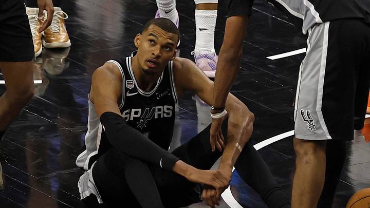 Jun 3, 2026; San Antonio, Texas, USA; San Antonio Spurs forward Victor Wembanyama (1) reacts after a foul against the New York Knicks in the second half during game one of the 2026 NBA Finals at Frost Bank Center. Mandatory Credit: Geoff Burke-Imagn Images