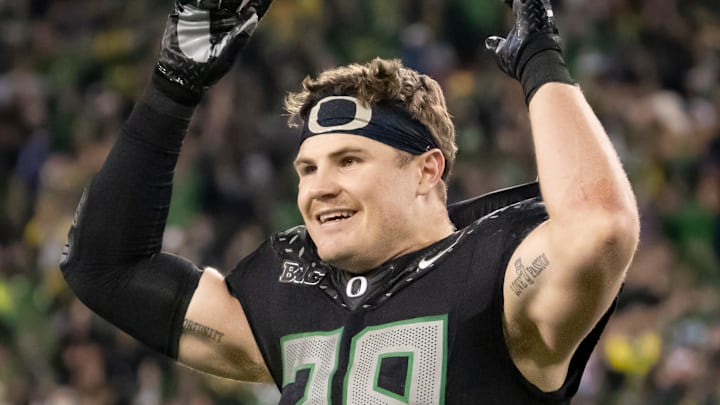 Oregon inside linebacker Bryce Boettcher dances around the field to “Shout” as the No. 1 Oregon Ducks host the rival Washington Huskies Saturday, Nov. 30, 2024 at Autzen Stadium in Eugene, Ore.