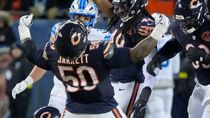 Jan 4, 2026; Chicago, Illinois, USA; Chicago Bears defensive end Grady Jarrett (50) and linebacker Tremaine Edmunds (49) celebrate after a play against the Detroit Lions during the second half at Soldier Field. Mandatory Credit: David Banks-Imagn Images Jan 4, 2026; Chicago, Illinois, USA; Chicago Bears defensive end Grady Jarrett (50) and linebacker Tremaine Edmunds (49) celebrate after a play against the Detroit Lions during the second half at Soldier Field. Mandatory Credit: David Banks-Imagn Images
