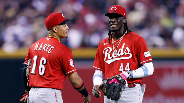 Cincinnati Reds infielders Noelvi Marte and Elly De La Cruz