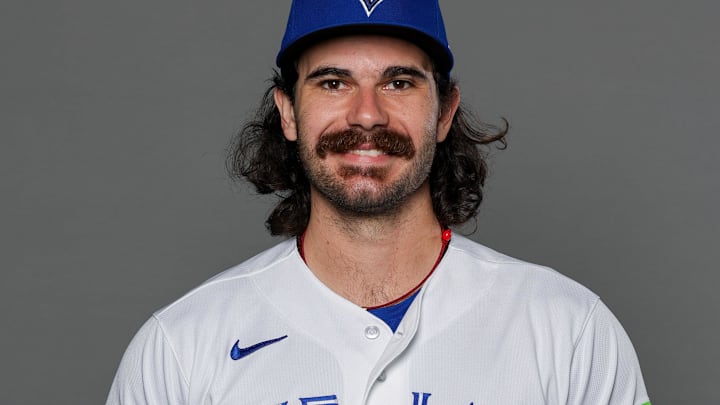 Feb 20, 2026; Dunedin, FL, USA; Toronto Blue Jays pitcher Dylan Cease (84) poses for a photo during media day at the Player Development Complex. 