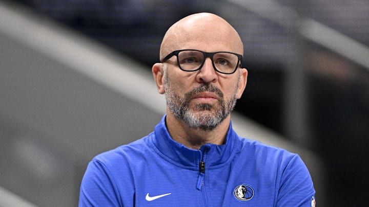 Jan 12, 2025; Dallas, Texas, USA; Dallas Mavericks head coach Jason Kidd looks on during the first quarter at against the Denver Nuggets the American Airlines Center. Mandatory Credit: Jerome Miron-Imagn Images Jan 12, 2025; Dallas, Texas, USA; Dallas Mavericks head coach Jason Kidd looks on during the first quarter at against the Denver Nuggets the American Airlines Center. Mandatory Credit: Jerome Miron-Imagn Images