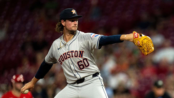 Houston Astros pitcher Forrest Whitley (60) delivers the pitch in the fourth inning of the MLB game between the Cincinnati Reds and Houston Astros at Great American Ball Park in Cincinnati on Wednesday, Sept. 4, 2024. Houston Astros pitcher Forrest Whitley (60) delivers the pitch in the fourth inning of the MLB game between the Cincinnati Reds and Houston Astros at Great American Ball Park in Cincinnati on Wednesday, Sept. 4, 2024.