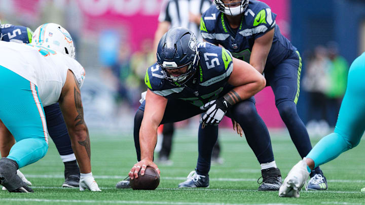 Seattle Seahawks center Connor Williams (57) prepares to snap the ball during the fourth quarter against the Miami Dolphins at Lumen Field in Week 3.