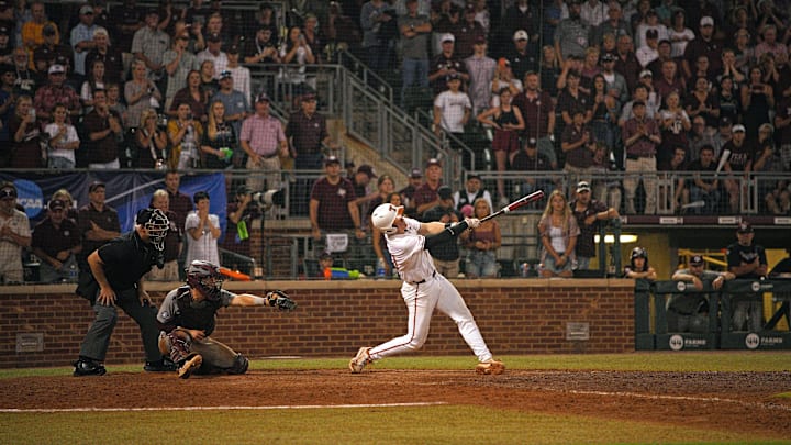 June 1, 2024; College Station, TX, USA; Texas Longhorns catcher Kimble Schuessler (10) hits against the Texas A&M Aggies during the second round in the NCAA baseball College Station Regional at Olsen Field College Station. Mandatory Credit: Dustin Safranek-Imagn Images