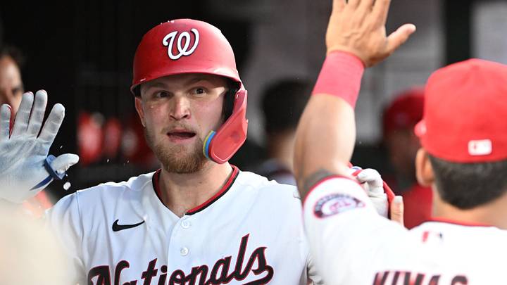 Jul 6, 2026; Washington, District of Columbia, USA; Washington Nationals third baseman Curtis Mead (45) is congratulated by teammates after hitting a home run against the Houston Astros during the fifth inning at Nationals Park. Mandatory Credit: Brad Mills-Imagn Images Jul 6, 2026; Washington, District of Columbia, USA; Washington Nationals third baseman Curtis Mead (45) is congratulated by teammates after hitting a home run against the Houston Astros during the fifth inning at Nationals Park. Mandatory Credit: Brad Mills-Imagn Images