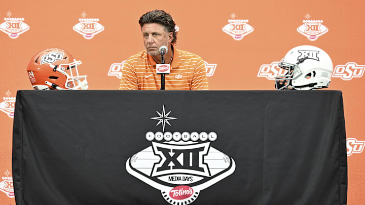 Jul 9, 2024; Las Vegas, NV, USA; Oklahoma State Cowboys head coach Mike Gundy speaks to the media during the Big 12 Media Days at Allegiant Stadium. Mandatory Credit: Candice Ward-Imagn Images