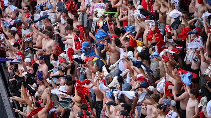 May 16, 2026; St. Louis, Missouri, USA; A section of shirtless fans celebrate after the St. Louis Cardinals defeated the Kansas City Royals at Busch Stadium. Mandatory Credit: Jeff Curry-Imagn Images